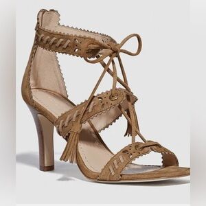 Coach Bella Ankle-Tie High-Heel Suede Sandals Brown Size‎ 7.5